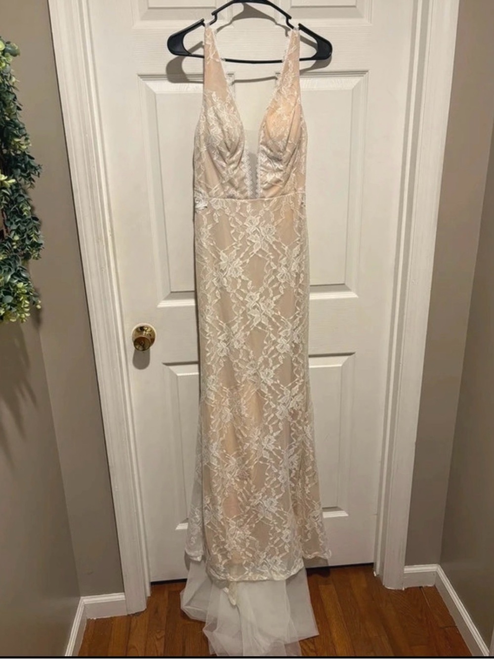 SHEIN Beige Dress with White Lace Overlay